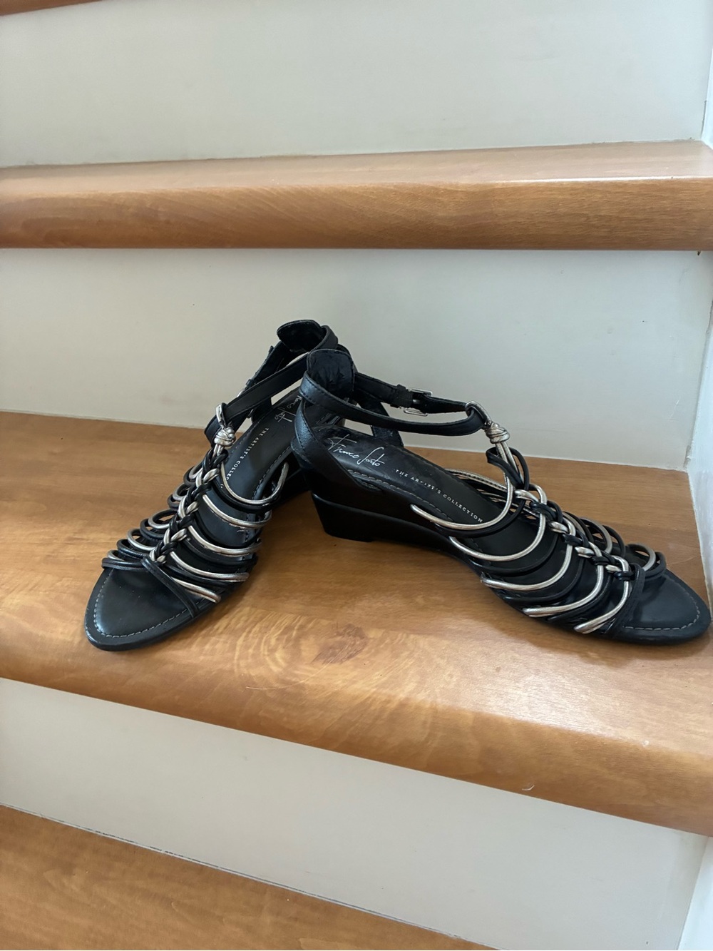 Franco Sarto Black and Silver Strappy Wedge Sandals - Women's